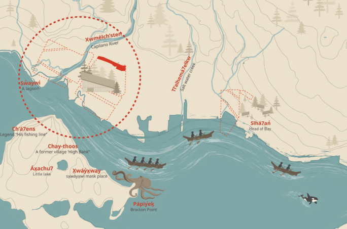 stylized map showing squamish place names in pre-colonial North Vancouver and Stanley Park