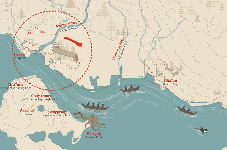 stylized map showing squamish place names in pre-colonial North Vancouver and Stanley Park